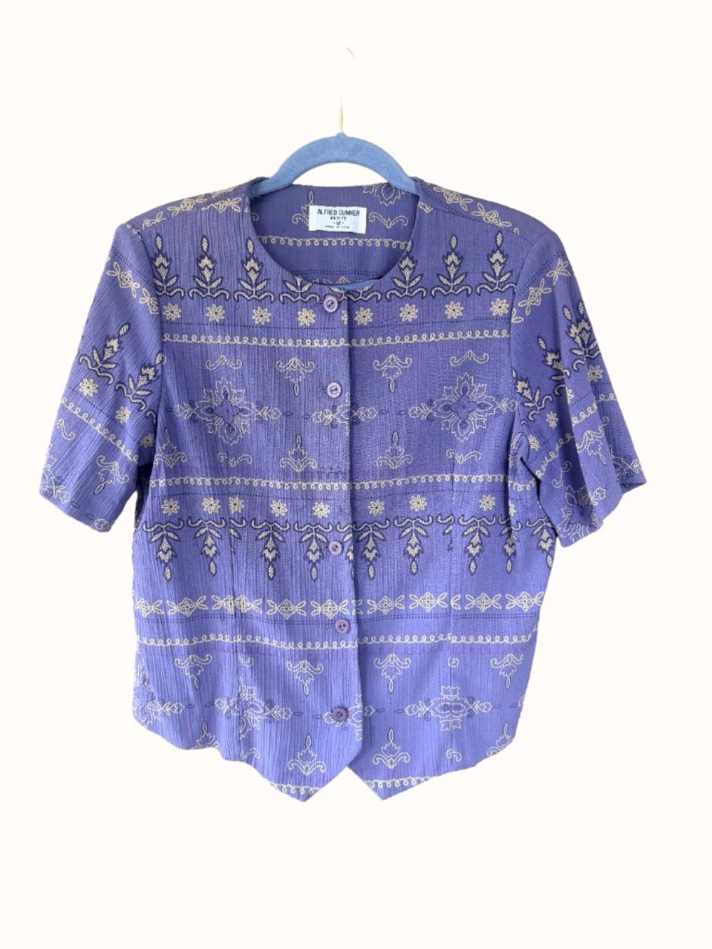 Vintage 80s Alfred Dunner Petite Embroidered Blouse Periwinkle Lavender Folk Boh